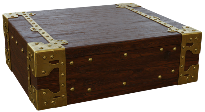 Treasure Chest: A meticulously crafted wooden box, adorned with detailed brass hardware, exudes an air of timeless elegance and serves as a symbol of value and safeguarding of precious possessions.