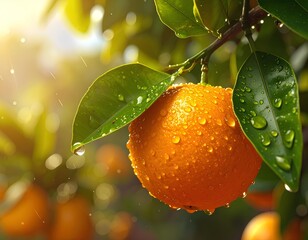 close up fresh orange with rain drops on tree