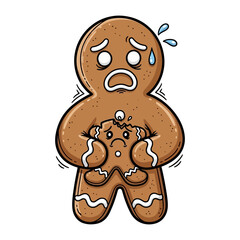 Fototapeta premium Gingerbread Crisis: A whimsical and slightly unsettling illustration captures a gingerbread man experiencing a moment of existential dread as a piece of himself crumbles away.