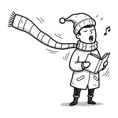 Winter Caroler: A charming illustration of a bundled-up individual singing from a songbook on a chilly winter day. A musical note floats in the air, depicting the song's melody.