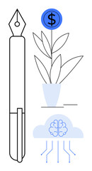 Fountain pen, plant with a dollar sign flower, and brain cloud with circuit lines. Ideal for creativity, innovation, growth, education, technology financial success and smart strategy. Simple flat