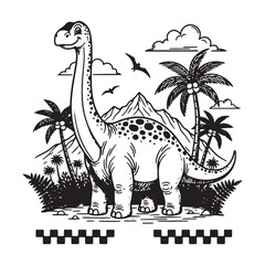 Cute Cartoon Brontosaurus Dinosaur Prehistoric Landscape Illustration. © Creli Studio