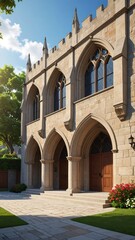 Obraz premium Exterior daytime shot of a stone building with arched windows and doors, framed by green trees, flowers, and a blue sky