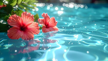 hibiscus flowers floating on clear blue water surface with copy space
