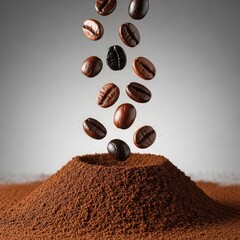 Freshly roasted coffee beans falling into ground coffee mound
