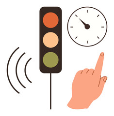 Hand pointing to a clock near a traffic light with sound waves. Ideal for accessibility, timing, traffic systems, public safety, technology, urban navigation, simple flat metaphor