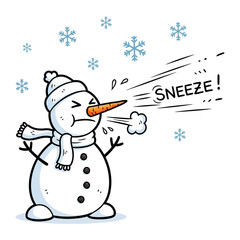 Snowman Sneezing in Winter: A cheerful snowman, adorned with a hat and scarf, unexpectedly sneezes with an eruption of snowflakes and words sneeze!, capturing the surprise of a winter chill.
