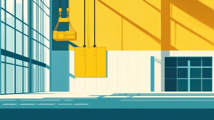 Yellow cargo container being lifted in a factory setting, ready for distribution