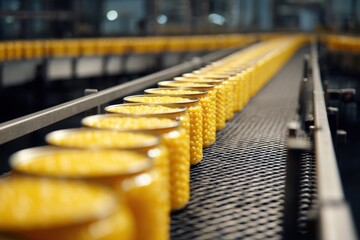 Obraz premium Rows of canned sweet corn moving along the conveyor belt in a food processing facility during the busy daytime hours of production