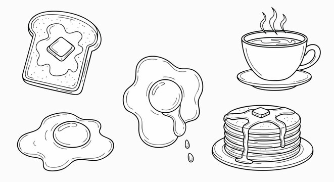 Hand drawn outline breakfast food items set illustration delicious eggs toast pancakes coffee syrup butter vector flat design cartoon