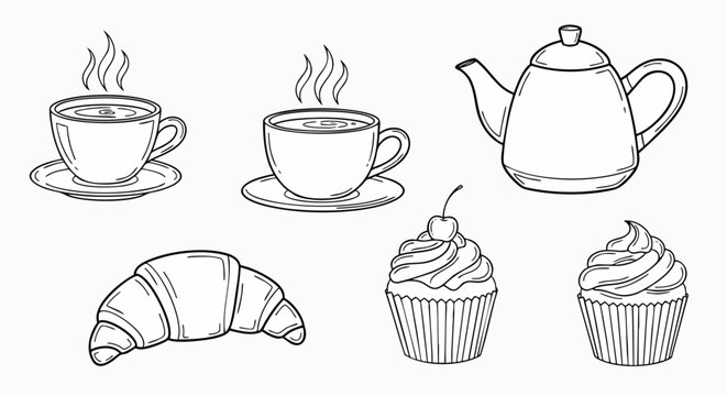 Hand drawn breakfast bakery coffee tea items vector illustration doodle sketch flat design collection cup teapot croissant cupcake