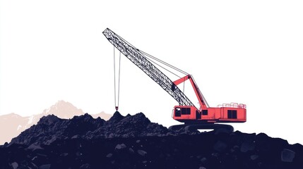 Red crane works on a dark mound, mountains in distance, for industry, construction