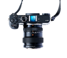 Top view of a black digital camera isolated on transparent background