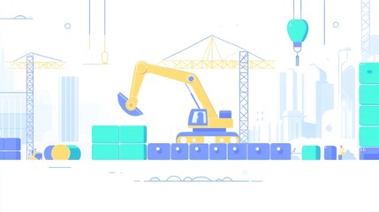 Excavator loading containers on site, city skyline in the background, suitable for construction designs