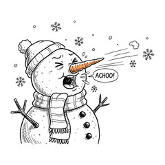Snowman's Achoo: An illustration of a whimsical snowman caught in a sneezing fit, snowflakes swirling around.