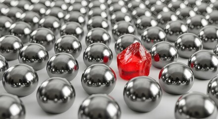 Unique red crystal among silver balls leadership business concept stand out from the crowd background