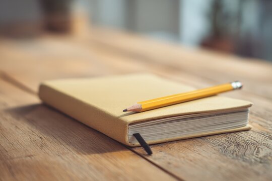 Notebook with pencil on light wooden desk with shallow depth of field soft pastel light minimal composition