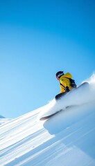 Snowboarder in vibrant yellow jacket descends powdery slope under clear blue sky; fresh snow glints,  fun,  motion