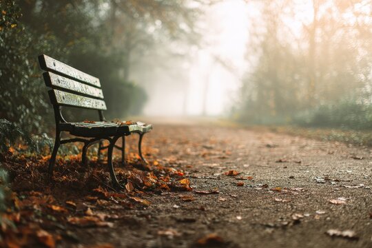 Park bench on leaf covered path in morning mist with shallow depth of field and cozy autumn atmosphere