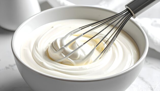 Close-up of whisking cream in a bowl.
