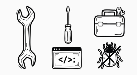 Obraz premium Collection of coding development and debugging tools hand drawn doodle wrench screwdriver toolbox code bugfix fix debug software vector illustration flat design