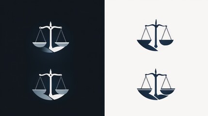 Justice scales logo variations, dark and light backgrounds, legal concept