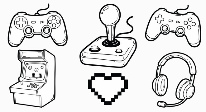 Retro gaming equipment collection controllers joystick arcade machine headphones vector illustration flat design doodle black white icon set pixel art
