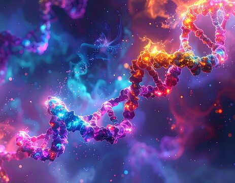 A vibrant, artistic depiction of a DNA double helix, glowing with fiery orange and cool blue light against a nebulous background