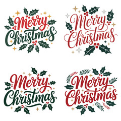 Merry Christmas Typography Design with Holly Leaves and Candy Canes | Festive Holiday Greeting Vector