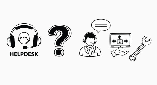 Customer service helpdesk support icons technical assistance concept vector illustration flat design troubleshooting call center remote IT solution