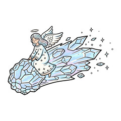 Celestial Journey: An angelic figure, complete with wings and halo, embarks on a cosmic voyage, gracefully riding a radiant crystalline comet through a starlit expanse.