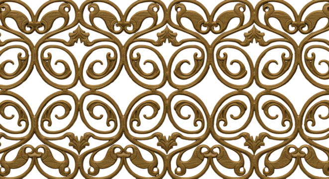 Ornamental Metalwork: Intricate ironwork design showcases repeating motifs in an artistic display, ideal for decorative purposes and architectural embellishments. 