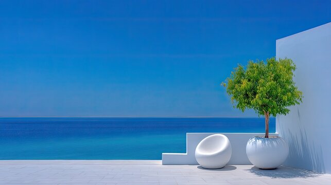 Bright Sunny Day Balcony Overlooking Turquoise Ocean with Modern White Chairs and Lush Green Tree Under Clear Blue Sky