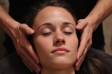 Fototapeta premium Female enjoying a relaxing massage as she sits comfortably with eyes closed and hands supporting her head in a serene environment
