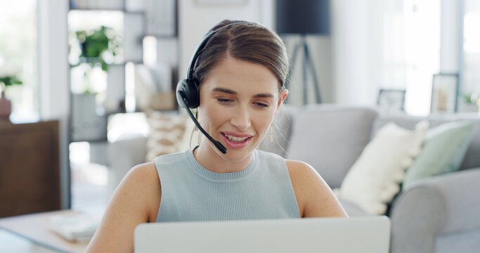 Laptop, remote work and support with woman in living room of home for customer service or help. Computer, headset and smile of freelance employee in apartment for communication or virtual assistance