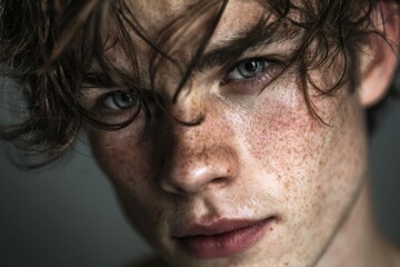 Fototapeta premium Portrait of a male model with striking features showcasing natural beauty in a minimalist setting