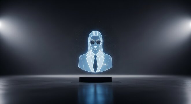 Futuristic Hologram of a Businesswoman in a Dark Room.