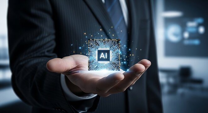 AI in Business - Man Holding Artificial Intelligence Technology.