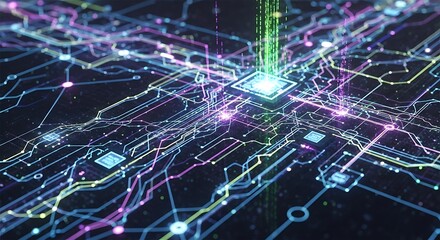 Futuristic Technology - Circuit Board with Glowing Central Processor.