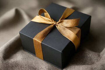 Black gift box with golden ribbon on fabric background for holiday sale