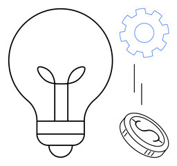 Light bulb with sprouting leaves, gear, and coin symbolizing innovation, renewable energy, problem-solving, financial growth, sustainable development, creativity and technological advancement. Ideal