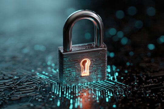 Digital cybersecurity hologram features glowing lock padlock design set against a backdrop of intricate circuit patterns