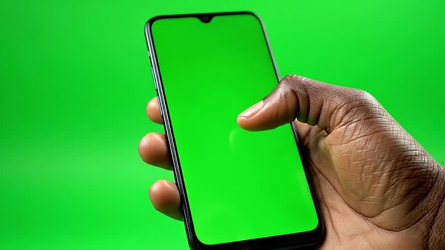 Hand Tapping Green Screen Smartphone on Green Background