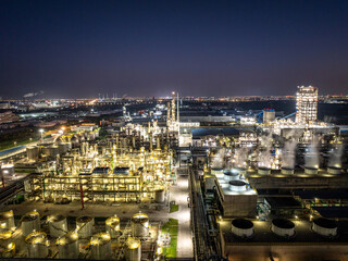 Aerial view of petrochemical plant at dusk