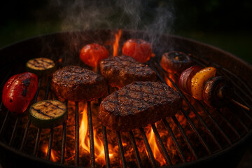 Grilling Steaks and Vegetables Over Open Flame at Outdoor Barbecue