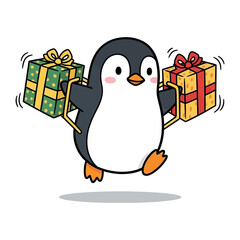 Penguin with Gifts: An adorable penguin gleefully hops along, balancing beautifully wrapped gifts in his flippers, ready to spread joy and celebration.