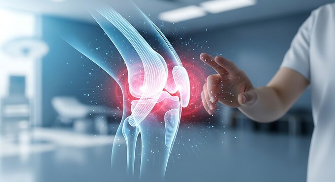 Knee Pain Diagnosis - Doctor Examining Knee Joint with Digital Interface.
