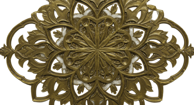 Ornamental Metalwork Design: An ornate, intricately designed piece of metalwork in shades of gold, showcasing a delicate floral pattern. The design features symmetrical shapes and intricate detailing.
