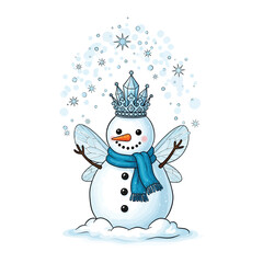 Snow Fairy's winter delight: A charming fairy snowman, adorned with a regal crown and delicate wings, bringing a touch of magic to a snowy day.