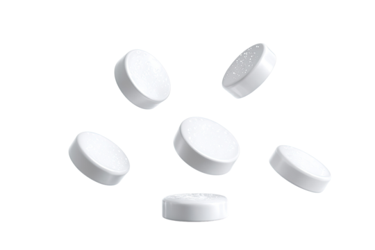 Six white, round tablets levitate in a starburst pattern